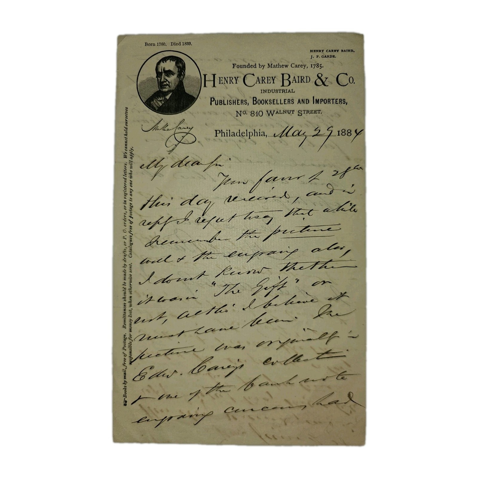 1884 Henry Carey Baird ALS on Carey Letterhead to Geo. A. McAllister,…