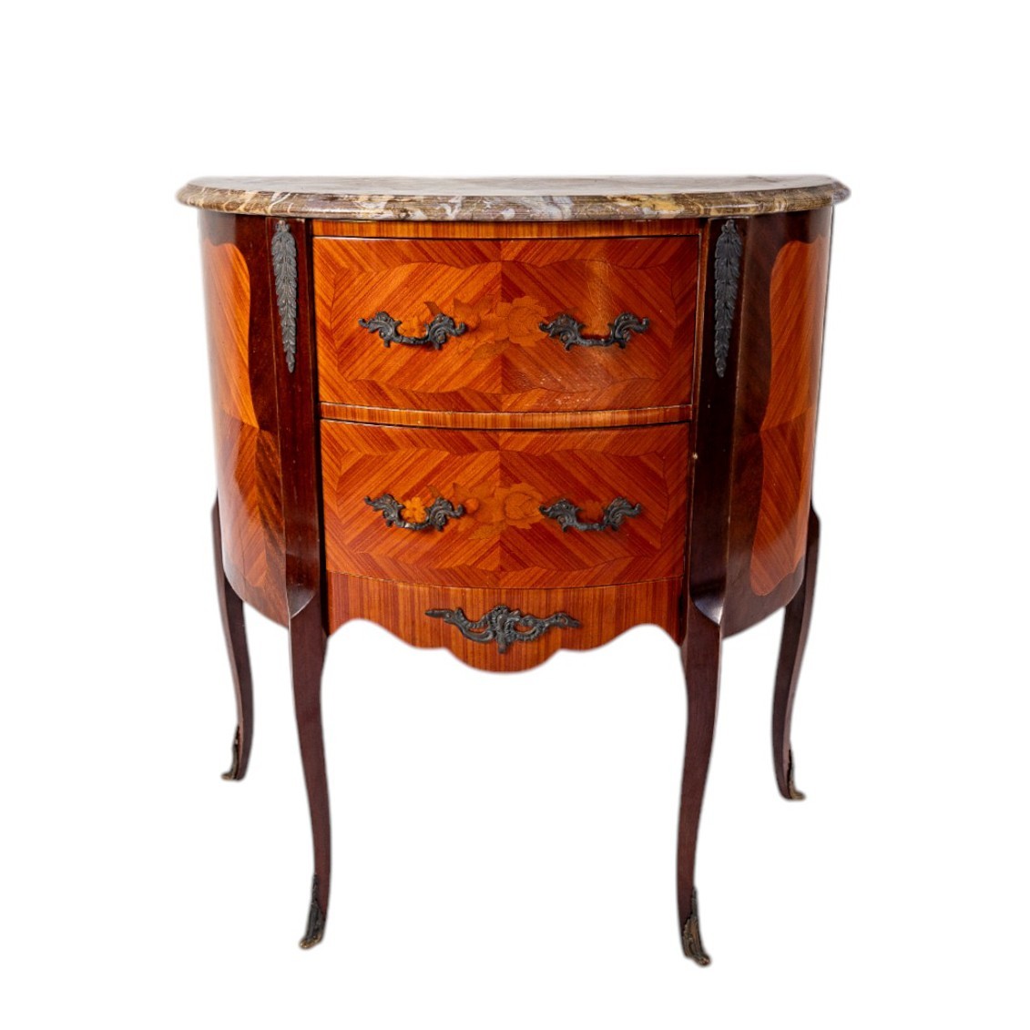 Antique 19th C French Louis XVI Demi Lune Marquetry Walnut Inlaid Table Marble