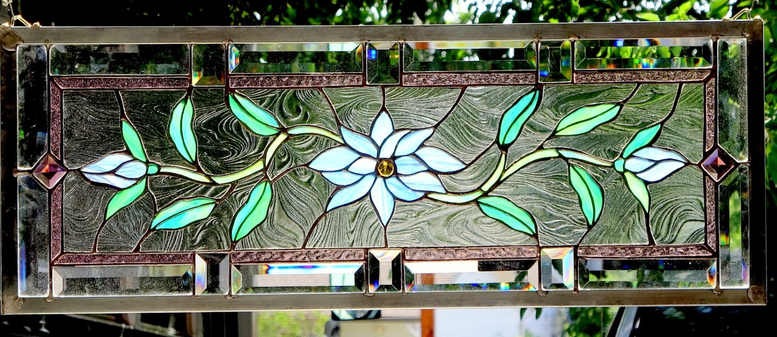 Stained Glass Transom window HANGING PANEL 32 1/2 X 13 incl hooks