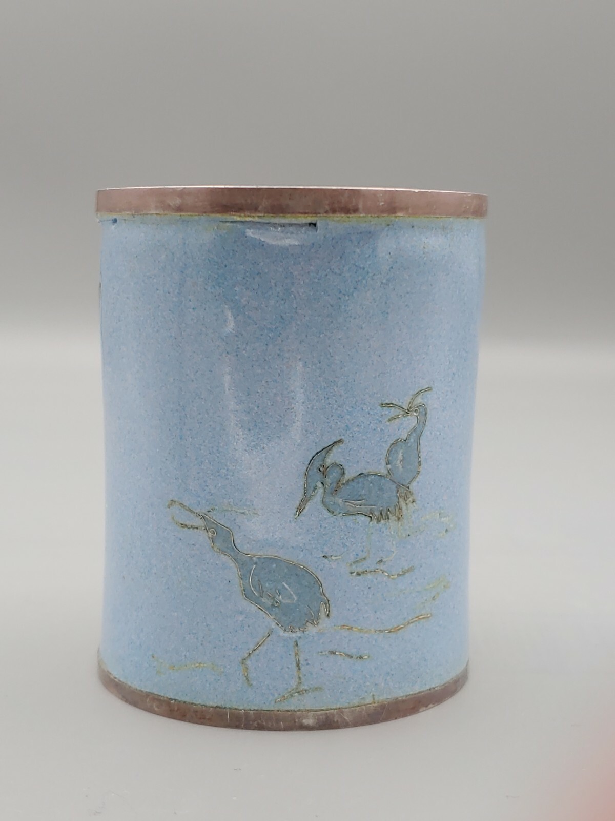 银胎天蓝釉镶鹭雁笔筒 Chinese Silver Sky Blue Enamel Inlaid Egret Wild Goose Flower Pen Pot