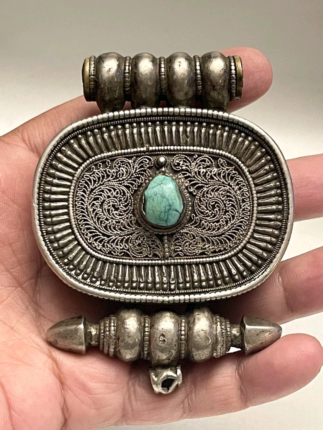 Antique Silver & Turquoise Tibetan Gau Box Amulet Pendant 73.4g Missing Back