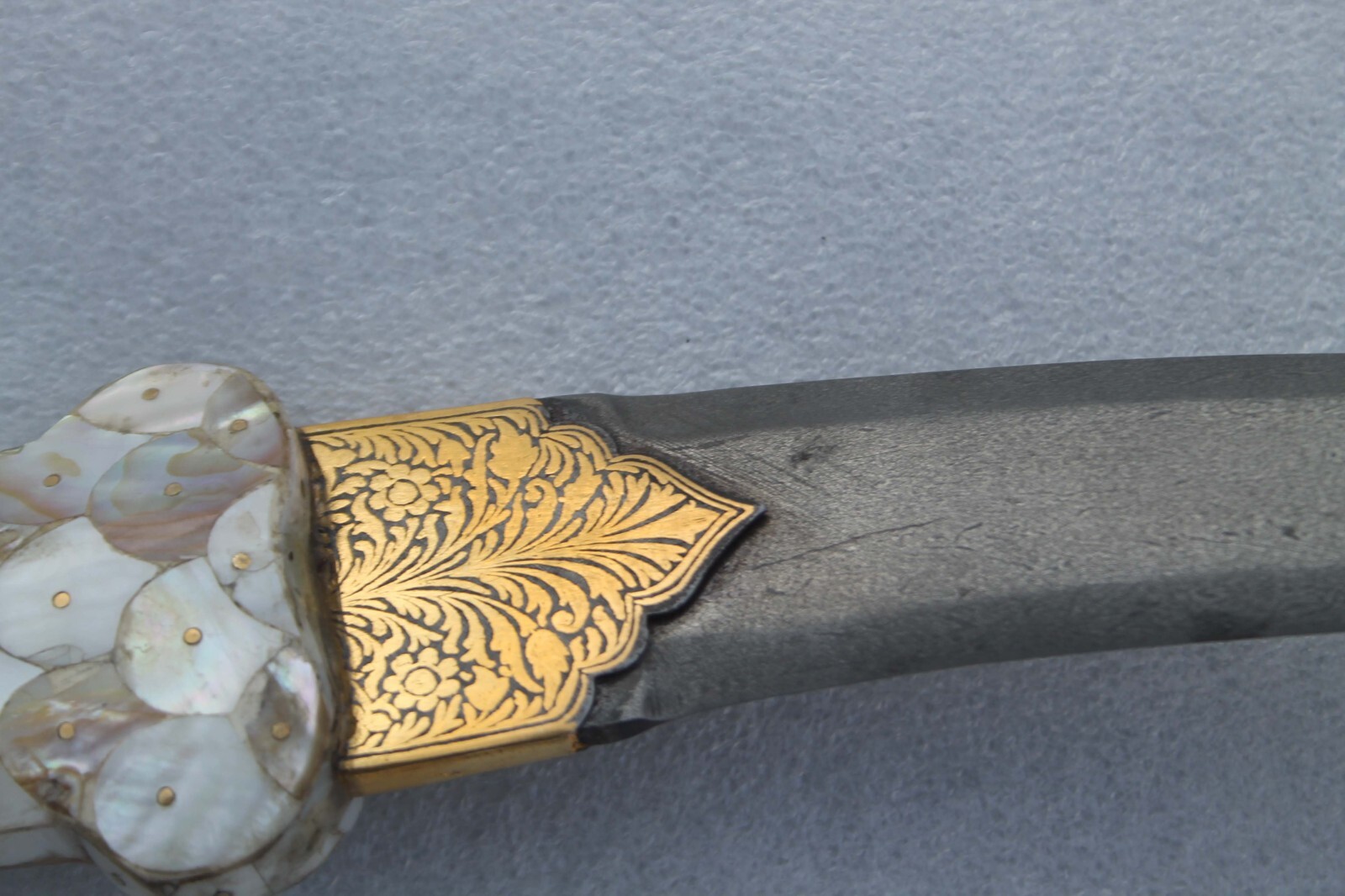 old vintage mother of pearl pistol grip handle gold damascened wootz steel blade