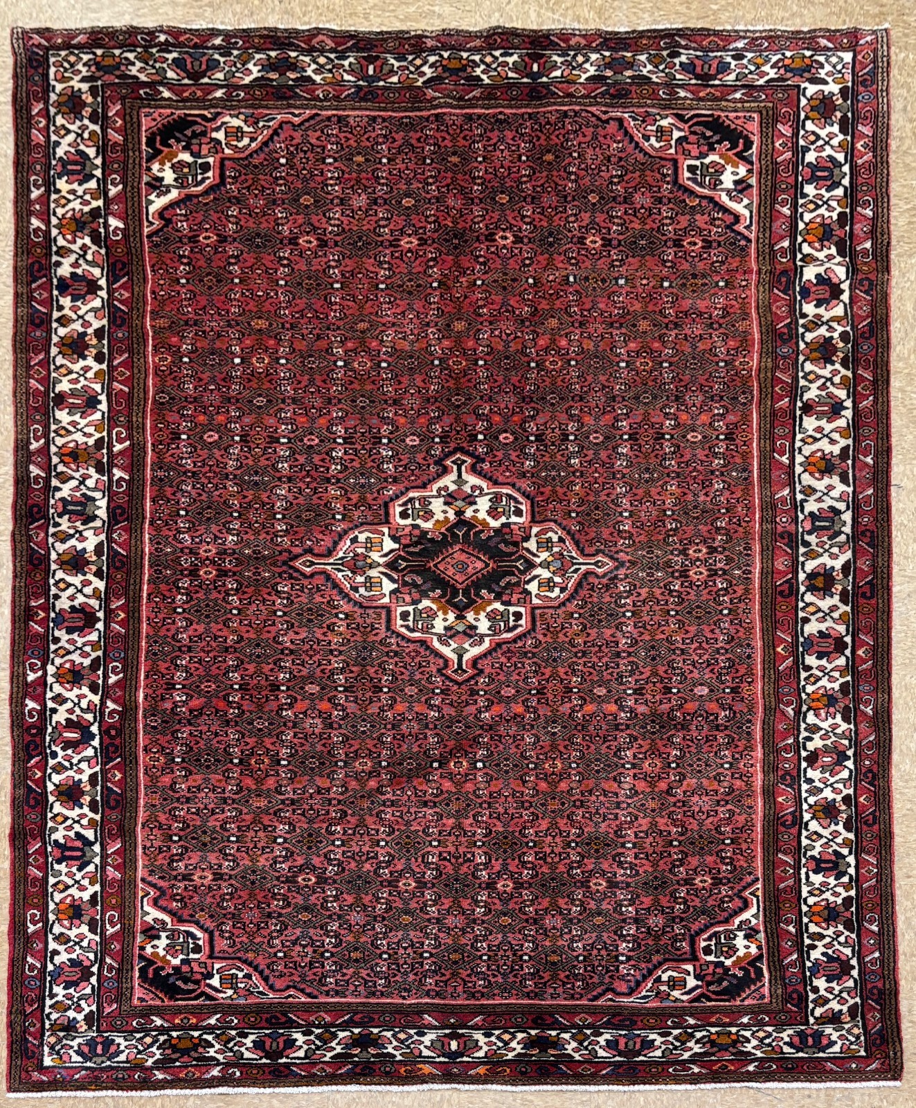 Hand Knotted Hamedan Wool Area Rug 7×10 Red Ivory Tribal Oriental Carpet Vintage