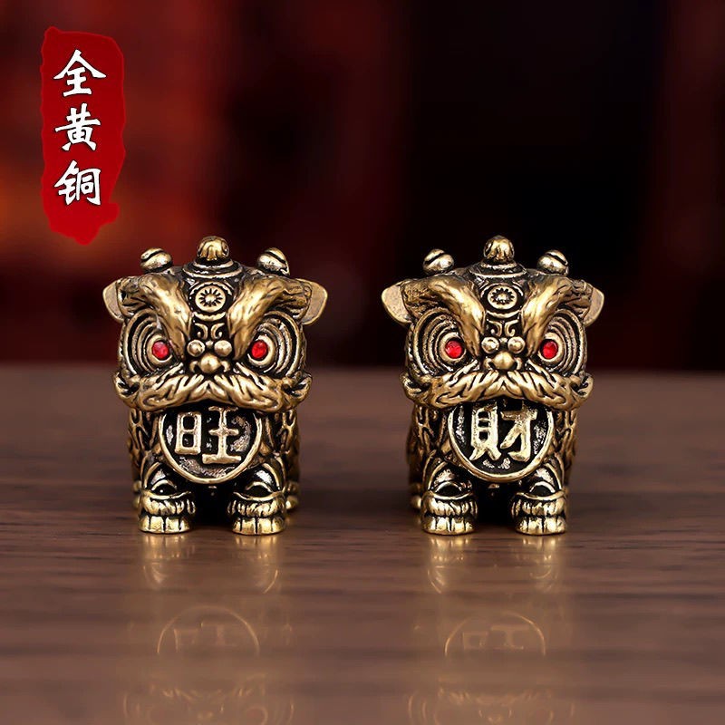 Solid Brass Fortune Lion Pair Statue Feng Shui Home Office Decor Collectible 2PC