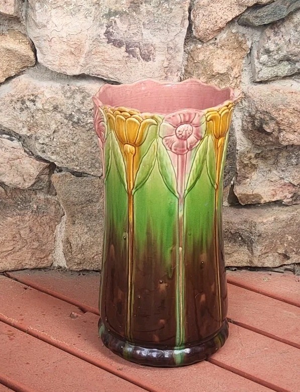 Antique WELLER Pottery Glossy BEDFORD Mojolica Floral Umbrella Cane Stand Signed