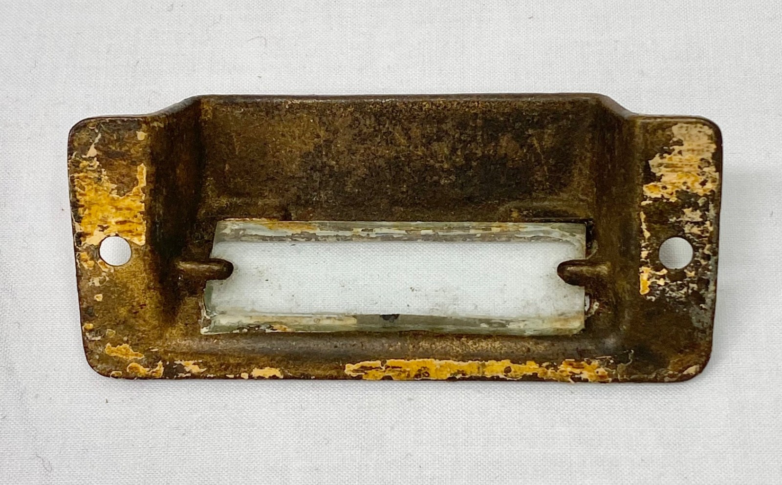 Antique Cast Iron Detailed Bin Apothecary Cupboard Drawer Pull With Glass Label