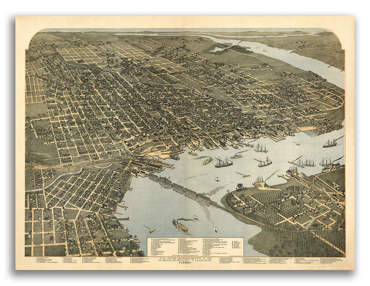 Bird’s Eye View 1893 Jacksonville Florida Vintage Style City Map – 18×24