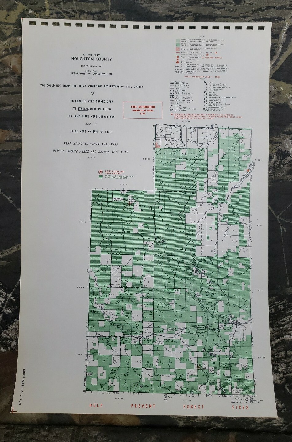 Vtg 1953 South Part Houghton County Michigan Dept Conservation Plat Maps