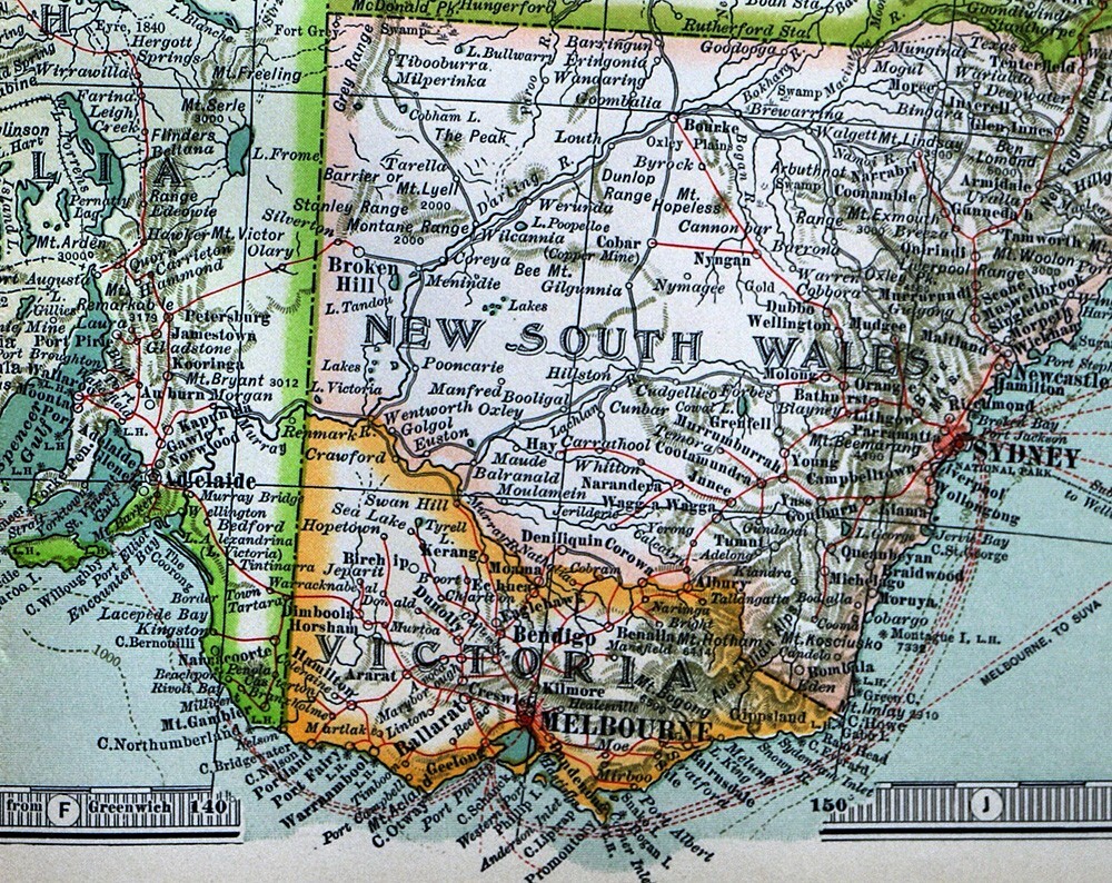 1897 Century Map Australia Sydney Melbourne Adelaide Tasmania Brisbane Newcastle