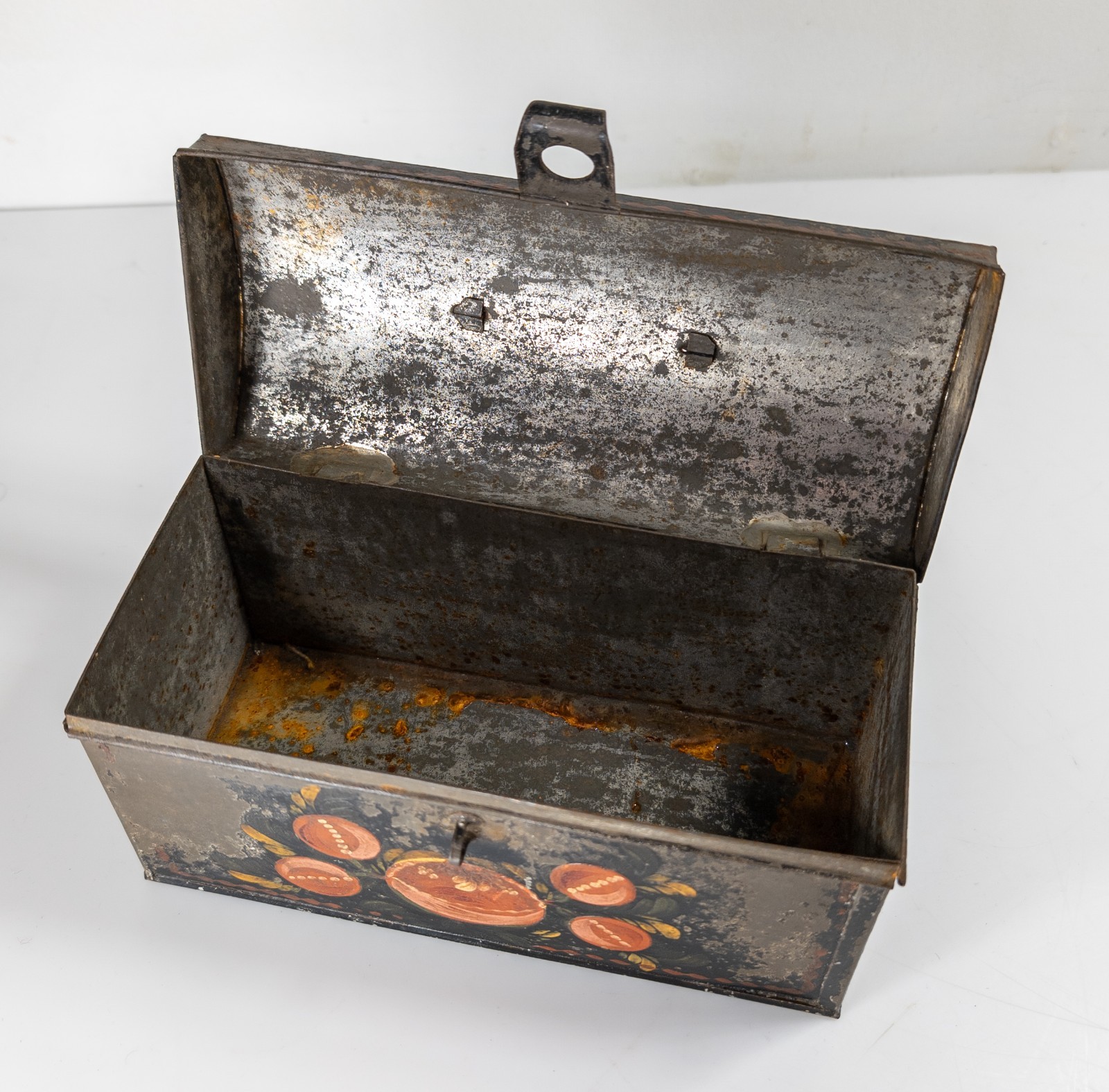Antique 19th C. Rustic Painted Toleware Tin Box with Painting