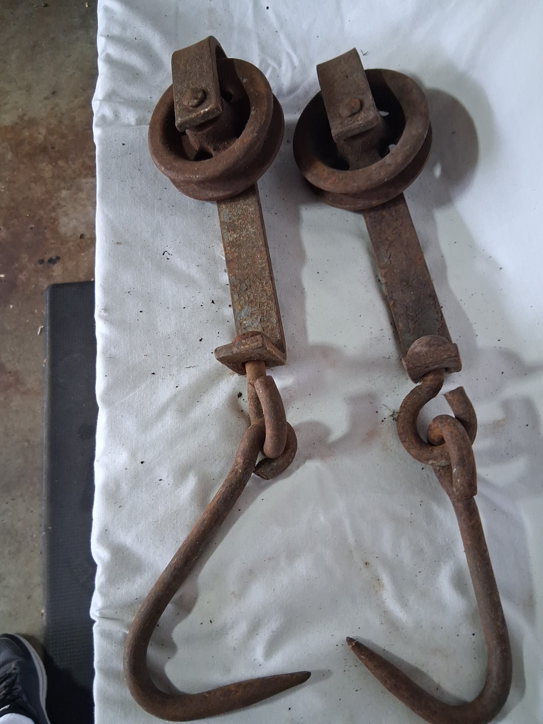 Pair Of Vintage Butcher Meat Hooks With Trolley Wheels