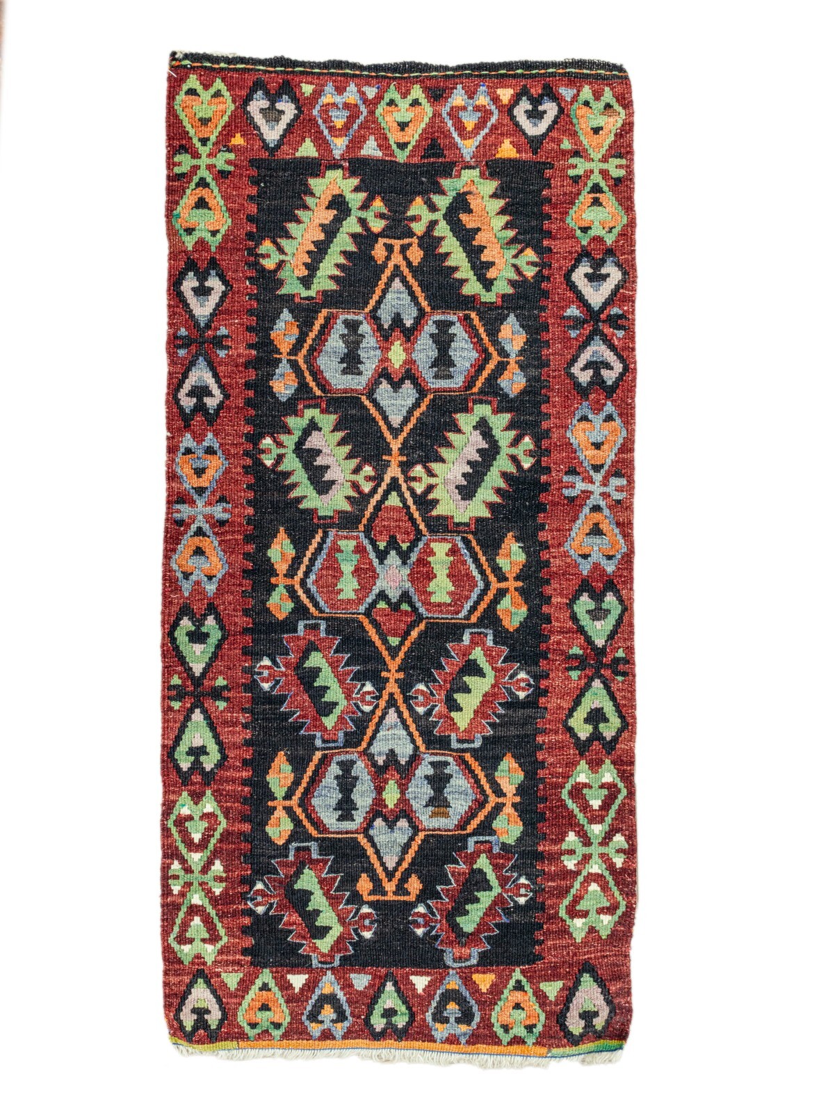 Handmade Black Turkish Kilim Rug 1.10×3.10 ft Vintage Flatwoven Colorful Kelim