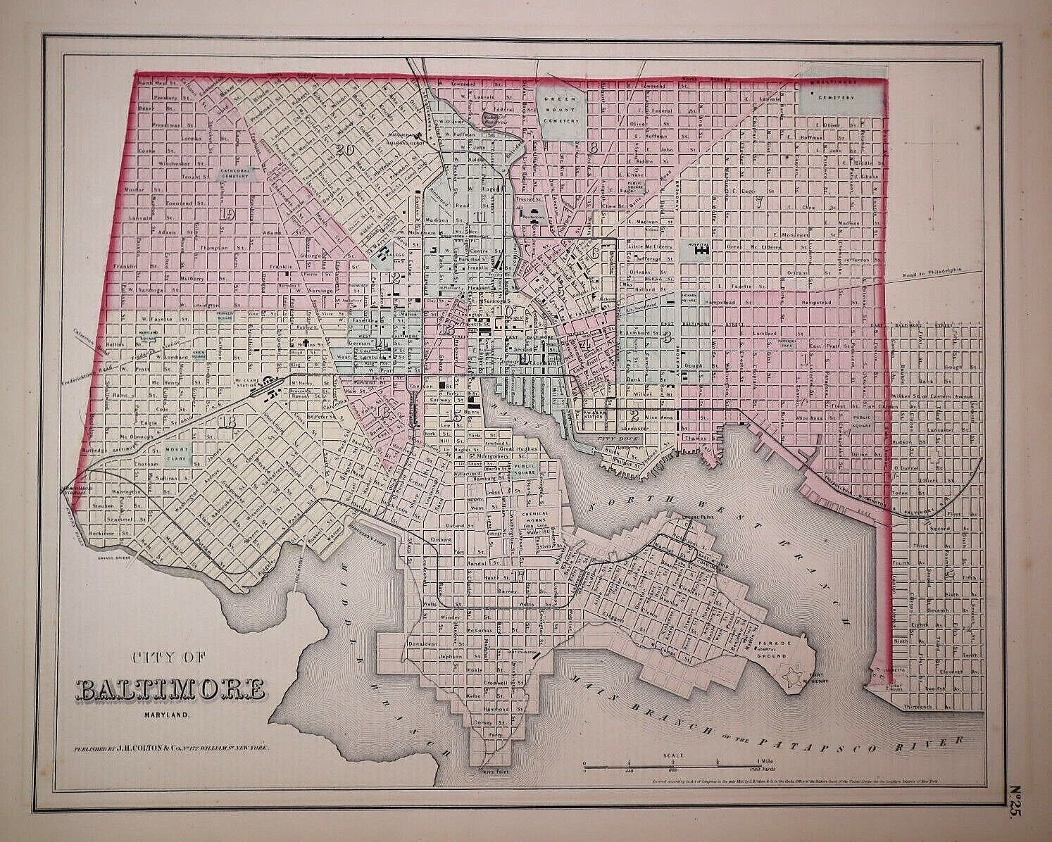 1857 Colton Atlas Map ~ BALTIMORE, MARYLAND ~ (14×17) ~ Free S&H -#500