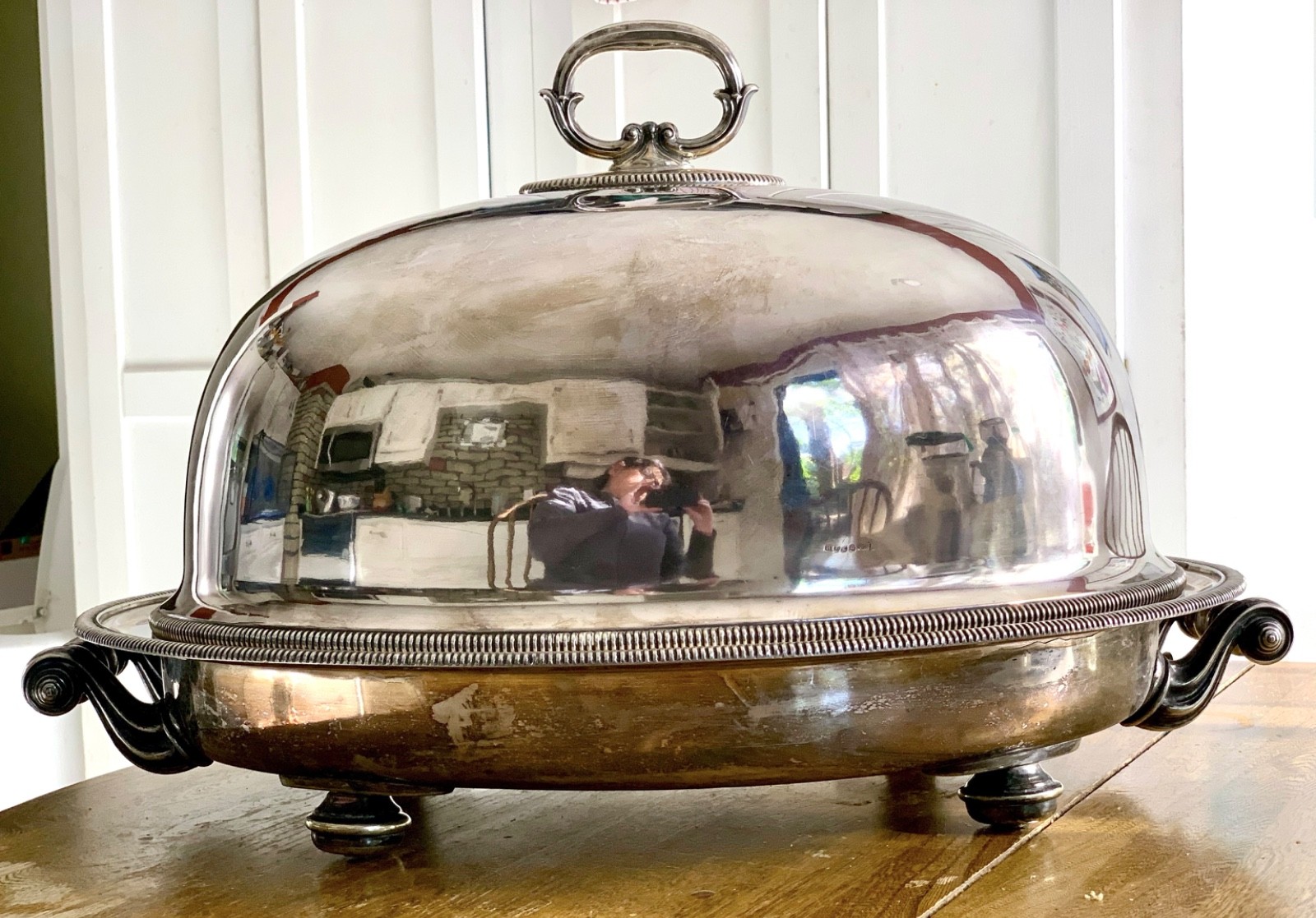 BEAUTIFUL Antique Large Footed Silver-Plate Platter & Meat Dome ~ Hallmarked HE