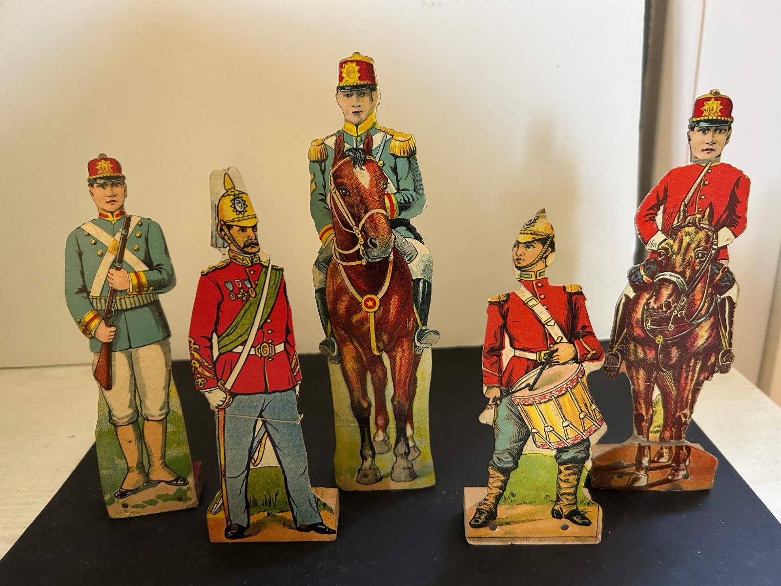 Antique Early 1900s Bradley Lot of 5 Different Cardboard Soldiers Drum Horseback