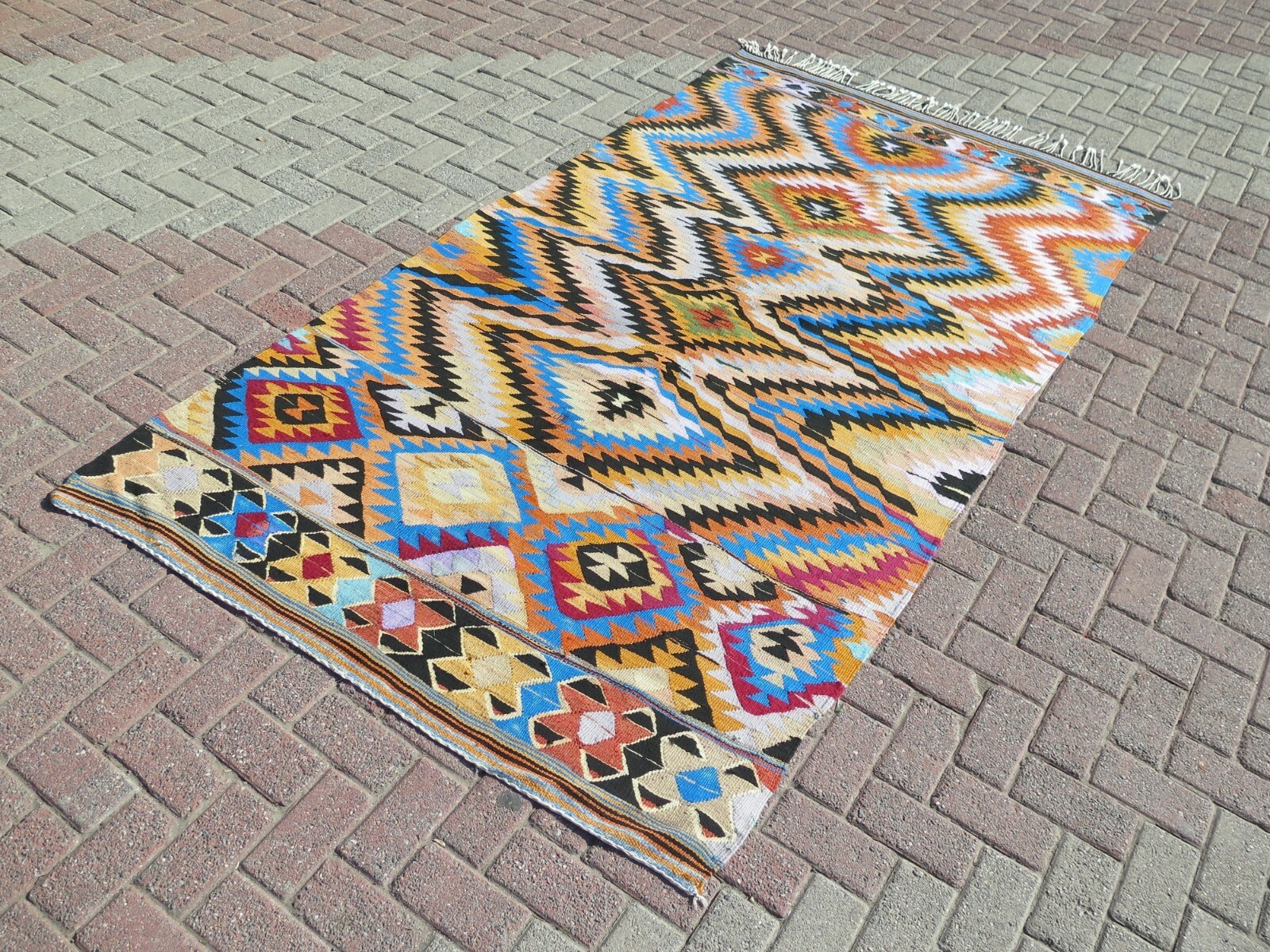 Sky Blue Zigzag Multicolor Vntage Turkish Rug, Large Handmade Wool Carpet 58×106