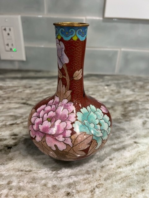 Vintage Chinese Cloisonne Enamel Rust Red Vase Floral Design Gold Detail