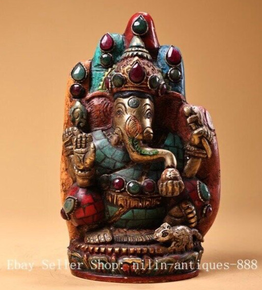 Tibet Bronze Gilt Turquoise 4 Arm Ganesh Lord Ganesha Elephant God Buddha Statue