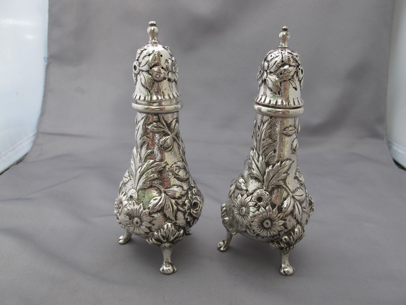 TWO Early KIRK REPOUSSE Sterling OPEN SALT & PEPPER SHAKER SETS-925/1000