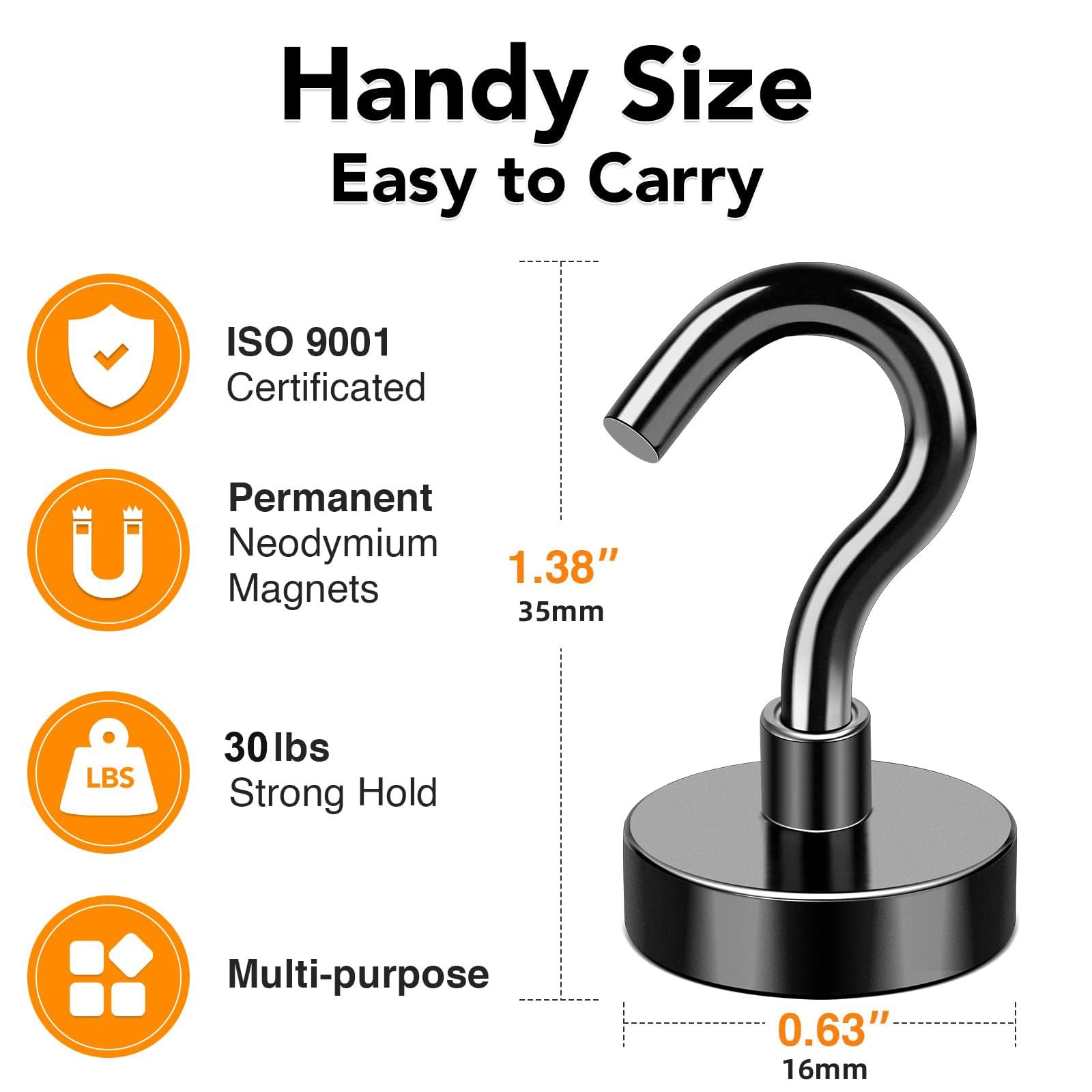 MIKEDE Magnetic Hooks Heavy Duty 30Lb Strong Rare Earth 0.63×1.38 in, Black