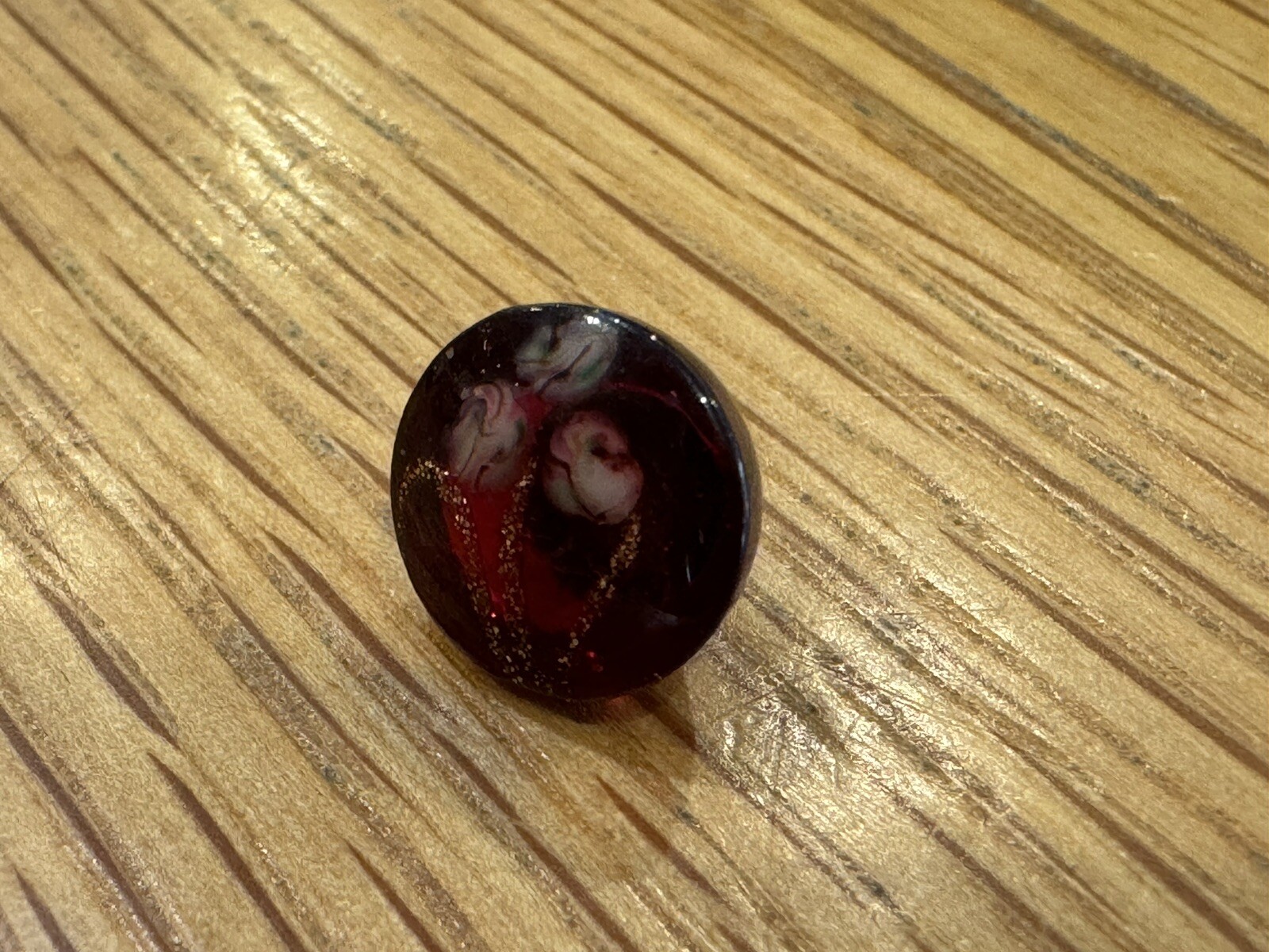 Vintage Glass Dome Shank Button Dark Red With Flower Design C194