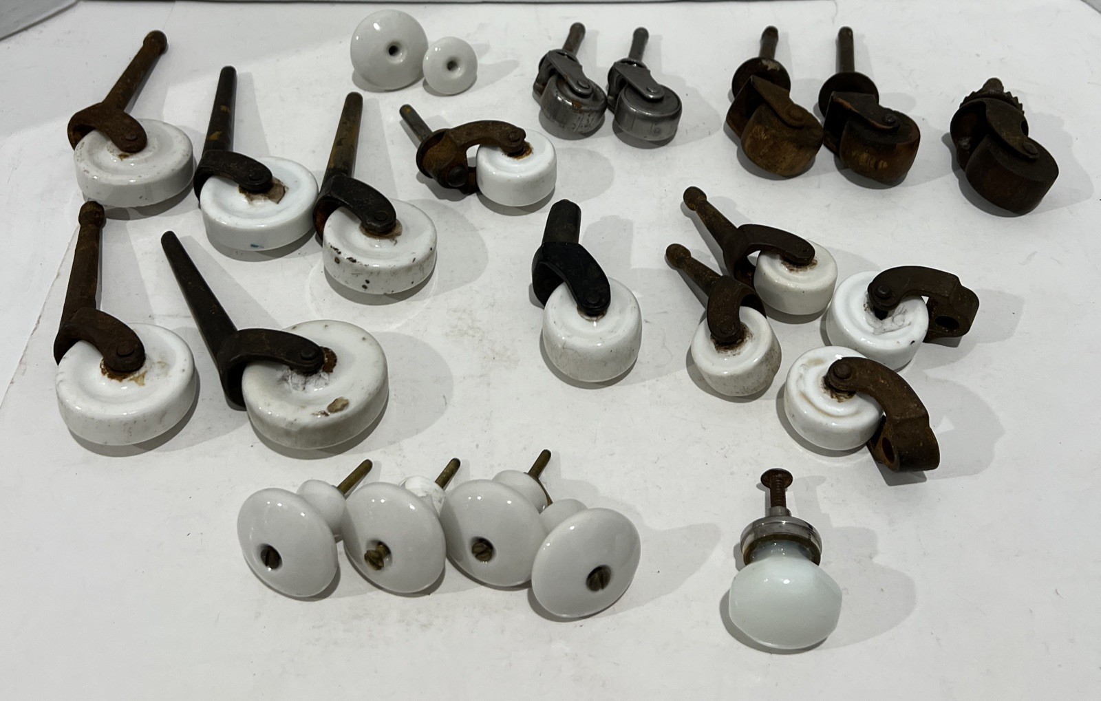 Vintage Antique Lot of assorted Porcelain & wooden Caster Wheels Drawer Pull