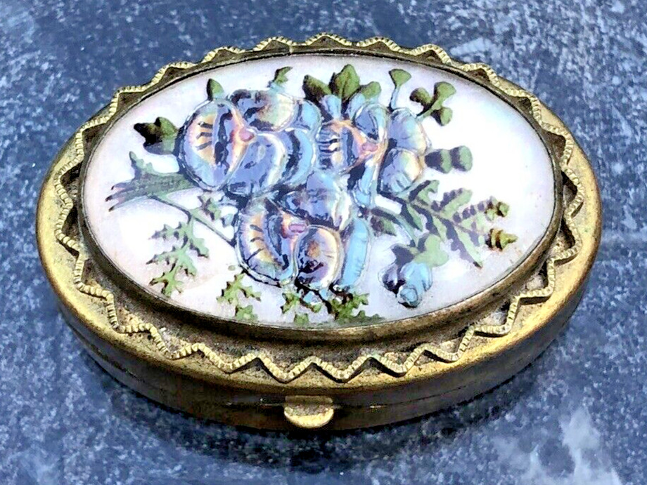 Box Antique Essex glass intaglio patch reverse painted gilt metal floral painted