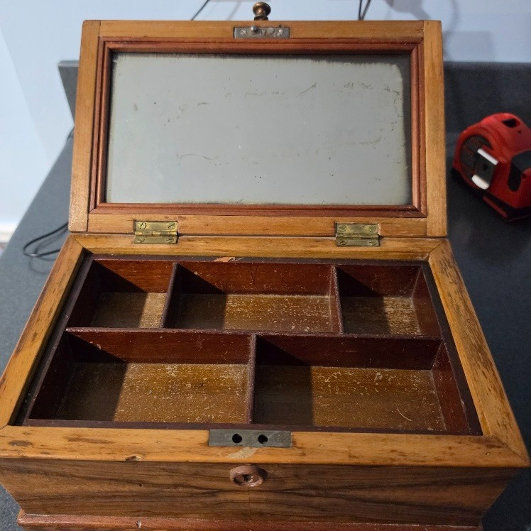 Antique Victorian Figured Walnut Dressing Box w Mirror & Tray English c1850