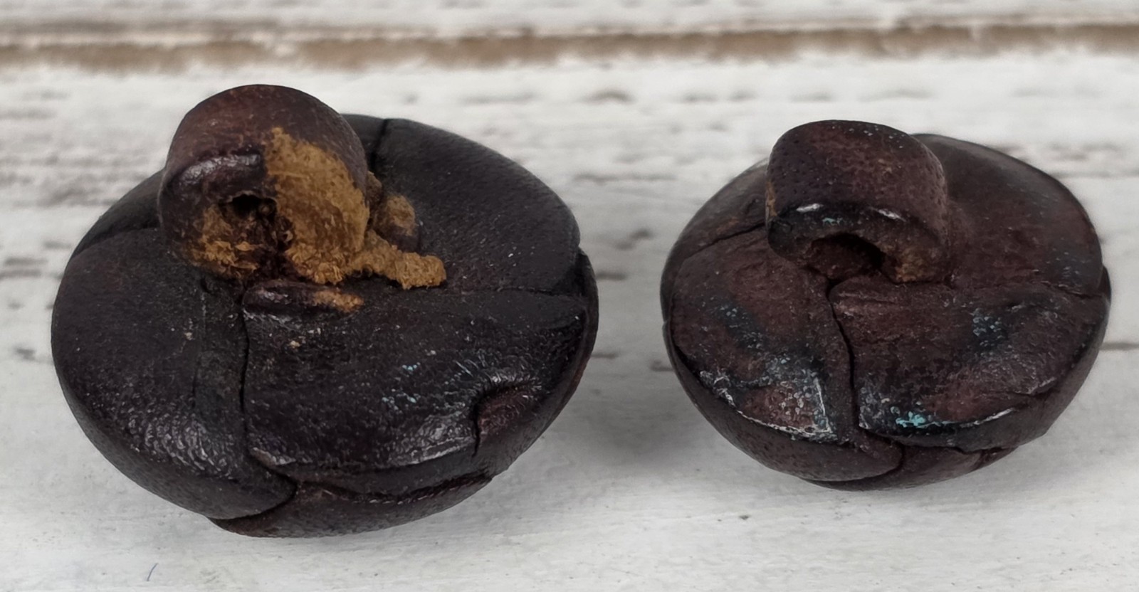 (2) Antique Leather Covered Round Buttons w/Leather Shanks