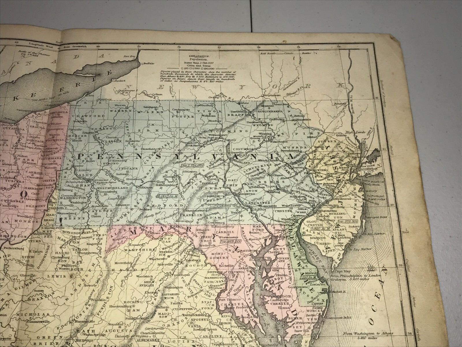 1844 Antique Hand Colored Map Central United States Virginia Ohio Indiana PA DE