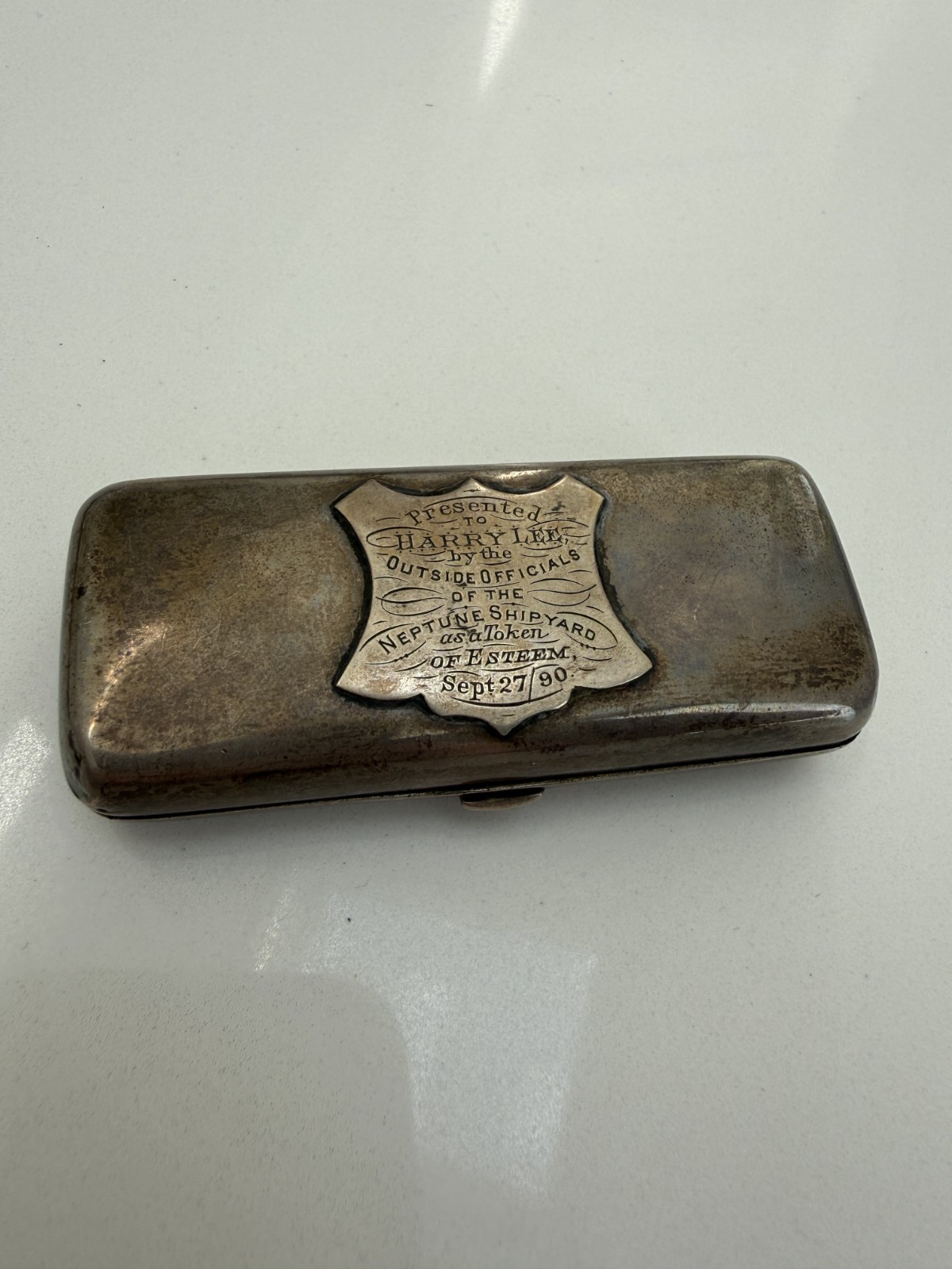 UNUSUAL VICTORIAN SILVER CIGARETTE CASE – NEPTUNE SHIPYARD TOKEN ESTEEM 1890