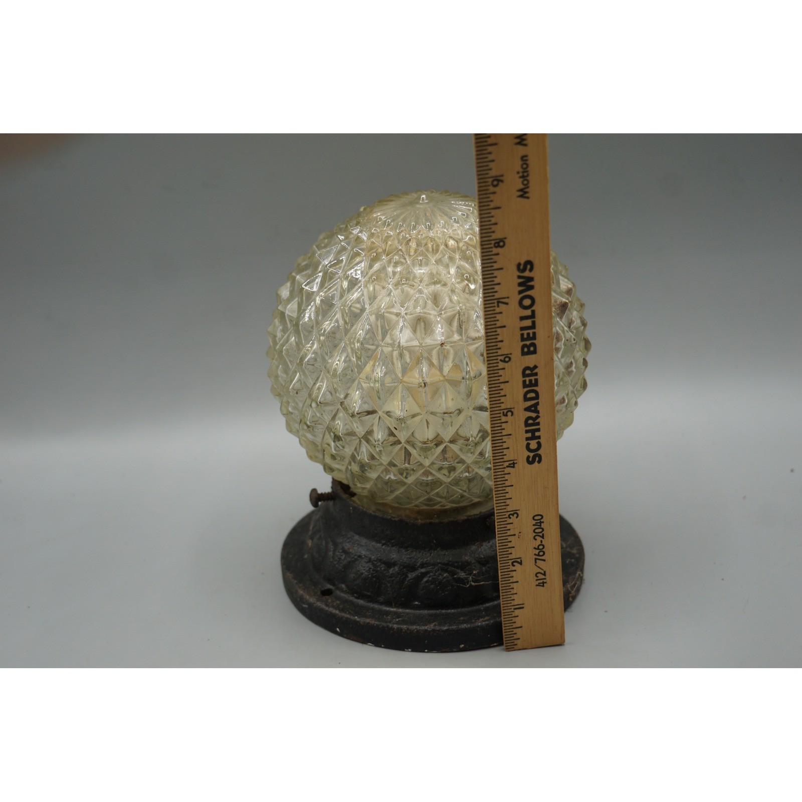 Antique Cast Iron Flush Mount Ceiling Light Diamond Point Glass Globe Industrial