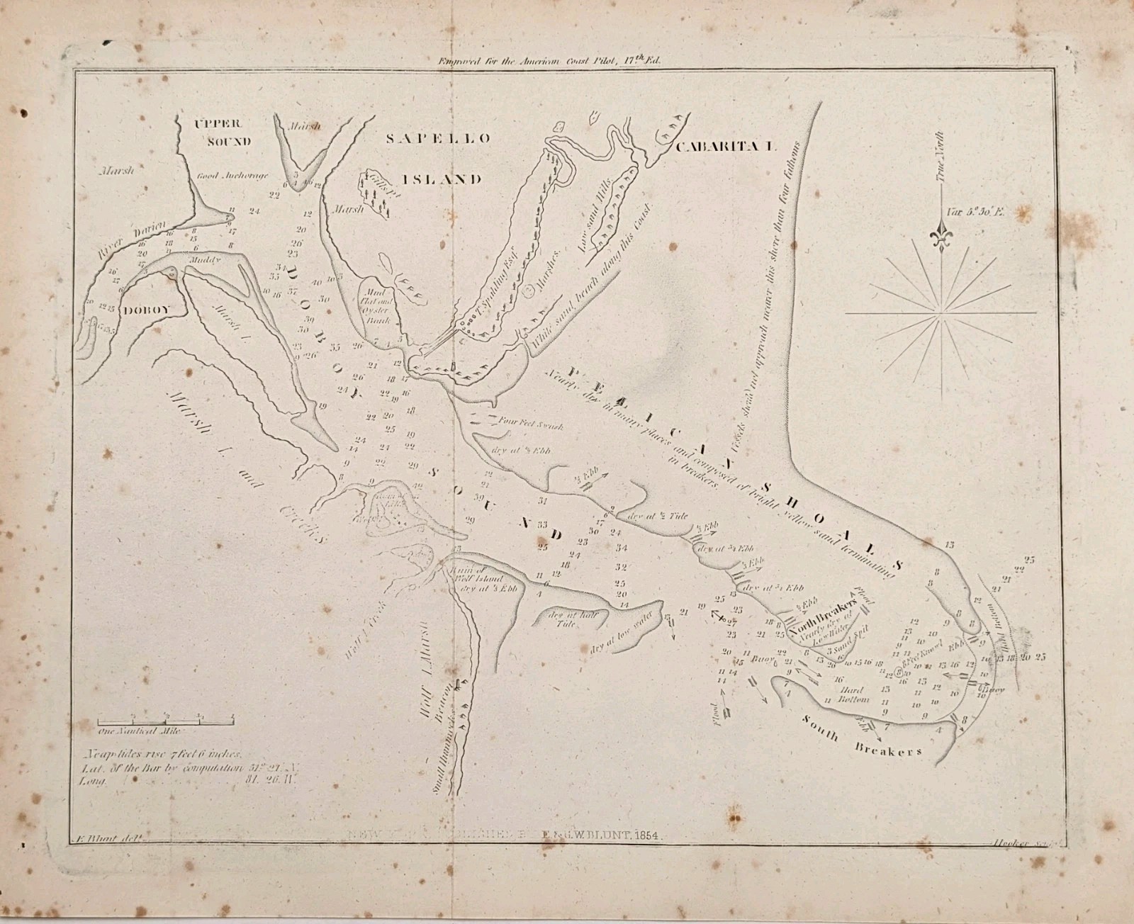 1854 Doboy Sound GEORGIA Map Sapelo Island Pelican Shoals BLUNT NAUTICAL CHART