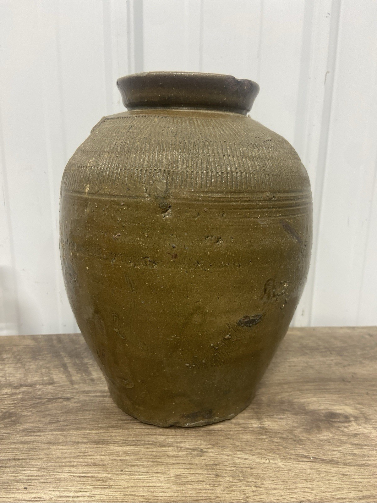 Antique South East Asian Chinese Salt Glazed Olive Green Large Martaban Jug Vase
