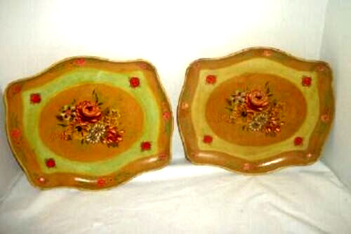 Cottagecore 1920s French Style Paper Mache Tray Pr HP Floral Greens Antique Tole