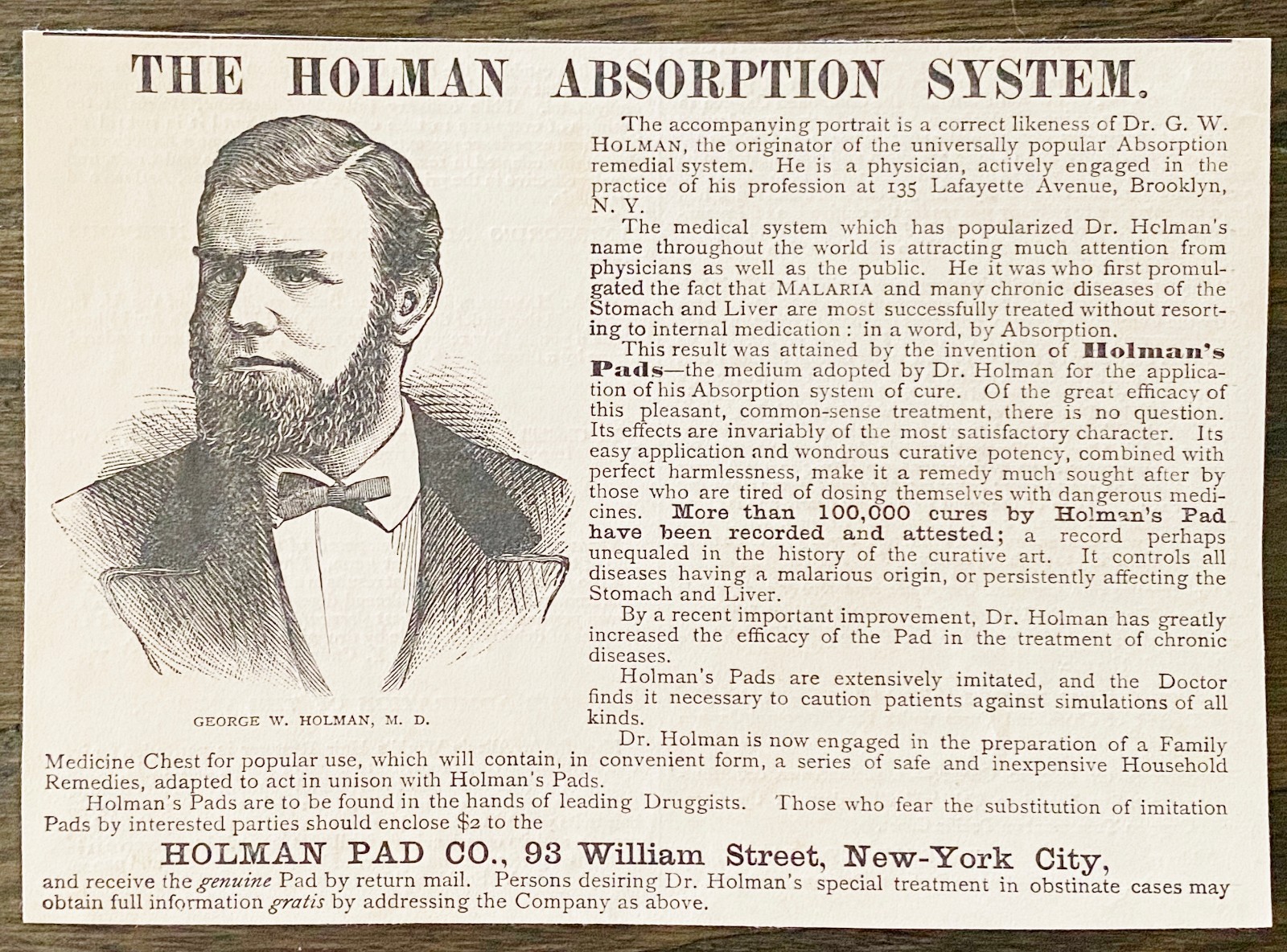 Dr.George W.HOLMAN PAD CO Absorption System Malaria Cure~1880 Quackery Print Ad!
