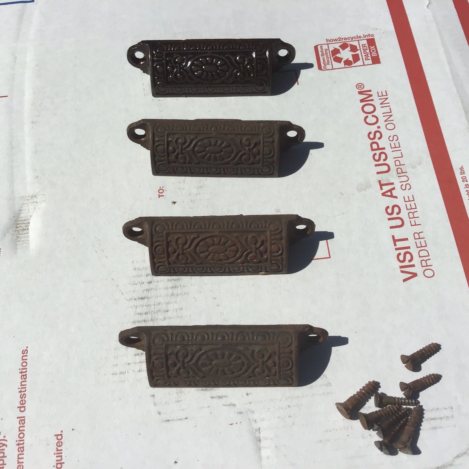 Set of 4 Antique Eastlake BIN PULL ‘s / drawer Apothecary Victorian cast iron