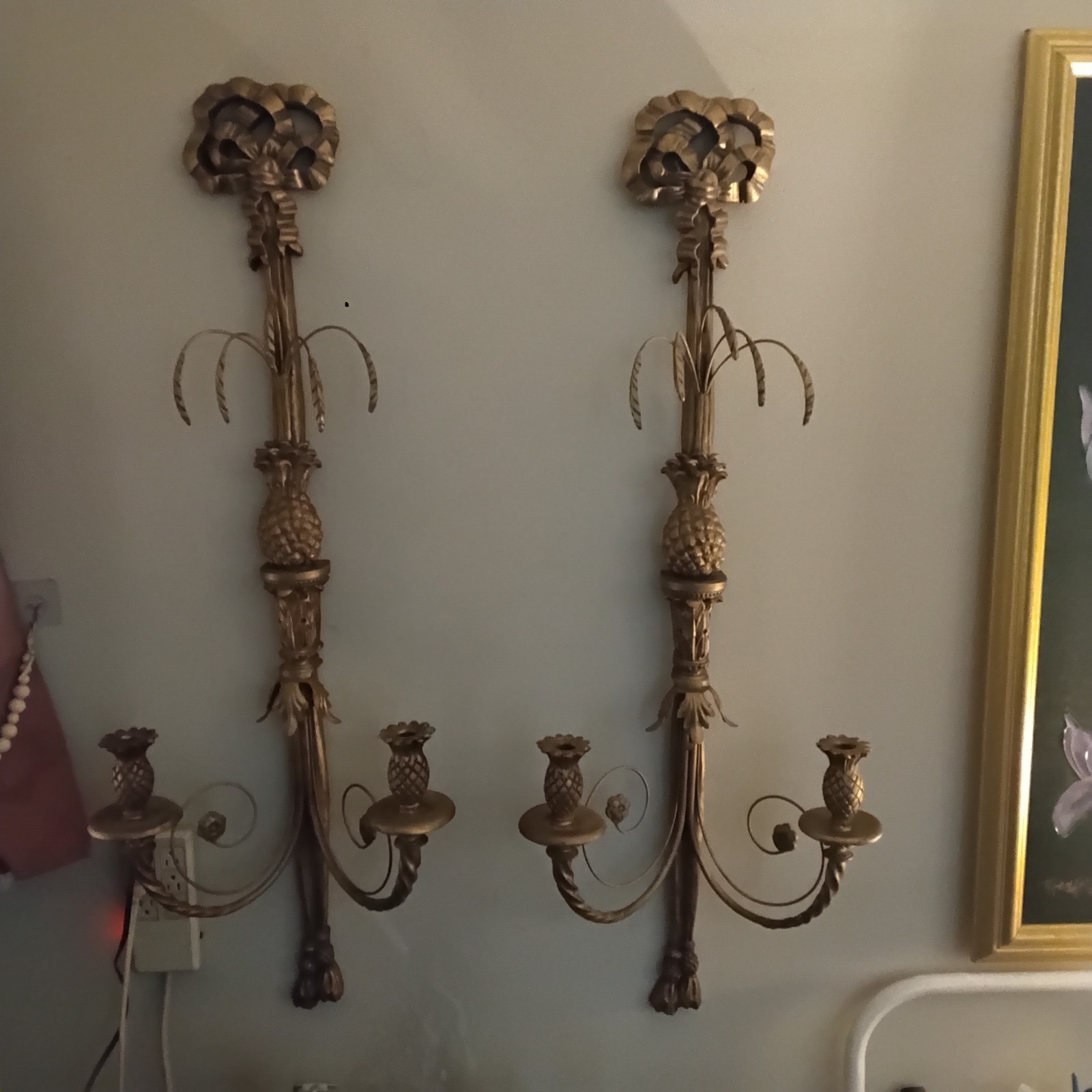 Pair of MAC Sculpture Hollywood Regency Pineapple Giltwood Wall Sconces 44″