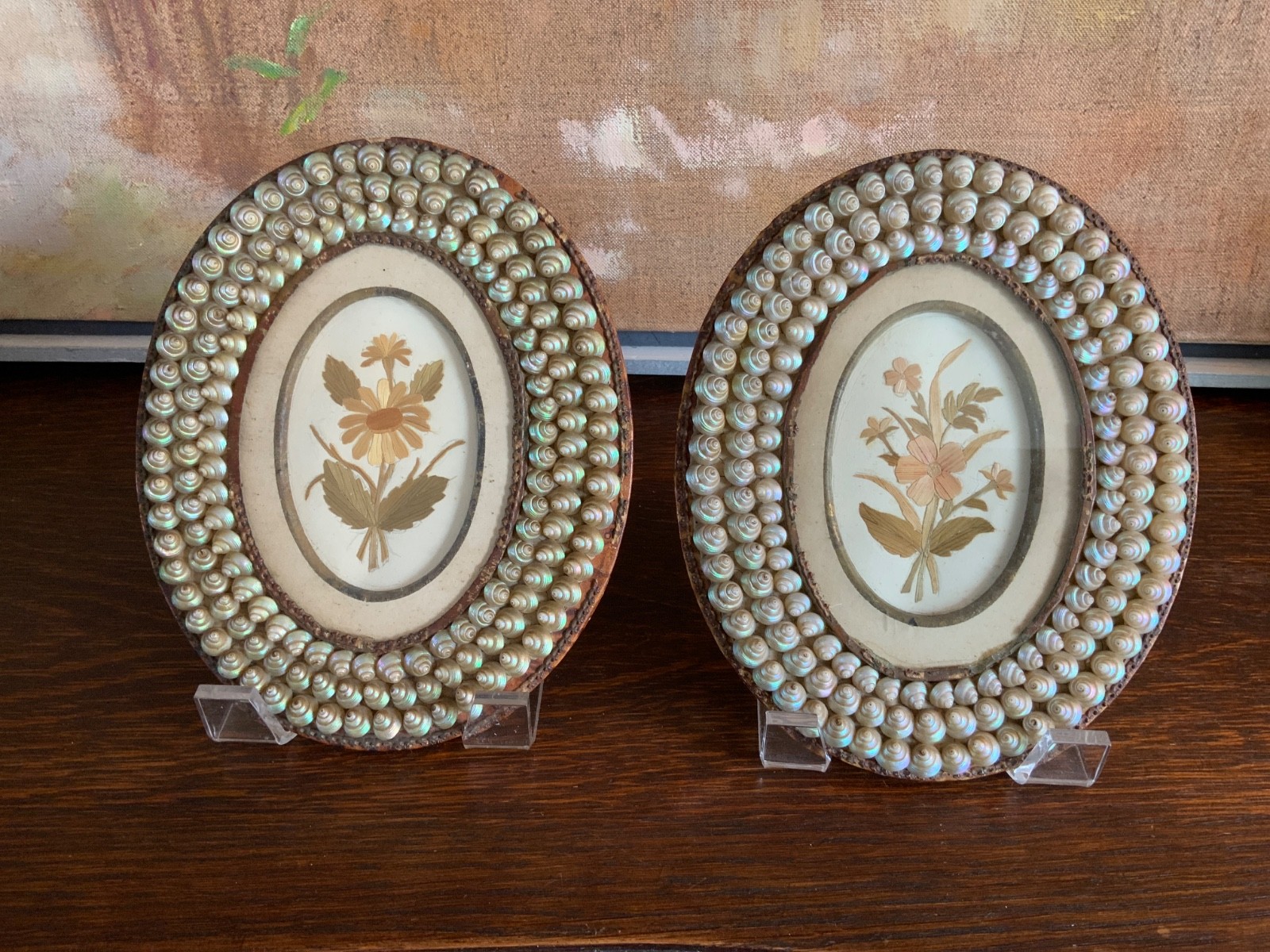 Pair French Shell & Straw Work Pictures Circa 1860-1870 7” x 5.5”