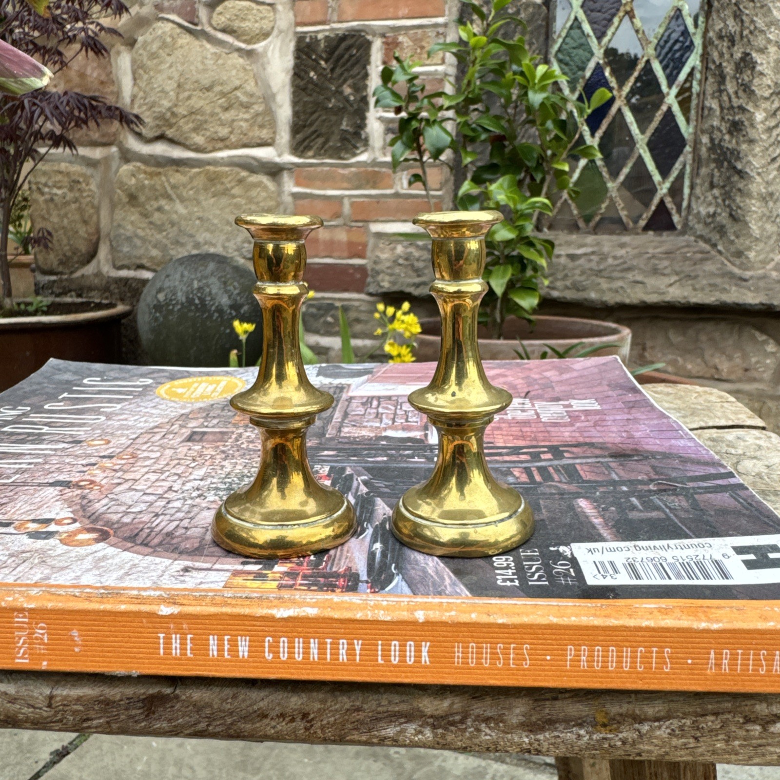 Antique Victorian Pair Of Brass Candle Stick Holder Nice Patina 8cm Tall