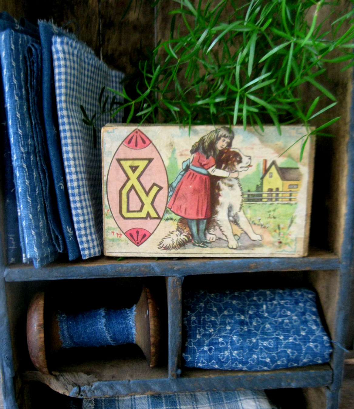 Antique Wood Alphabet Block with Paper Lithograph Little Girl w Newfie