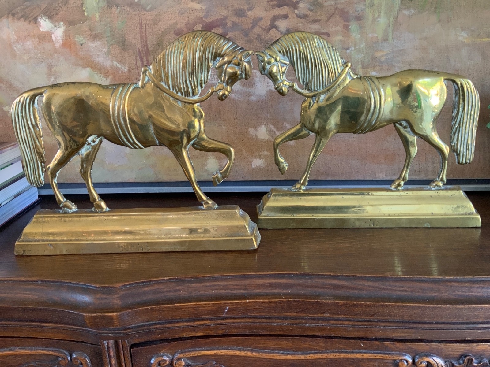 Pair Antique English Victorian Brass Horses Statues on Stand Circa 1880