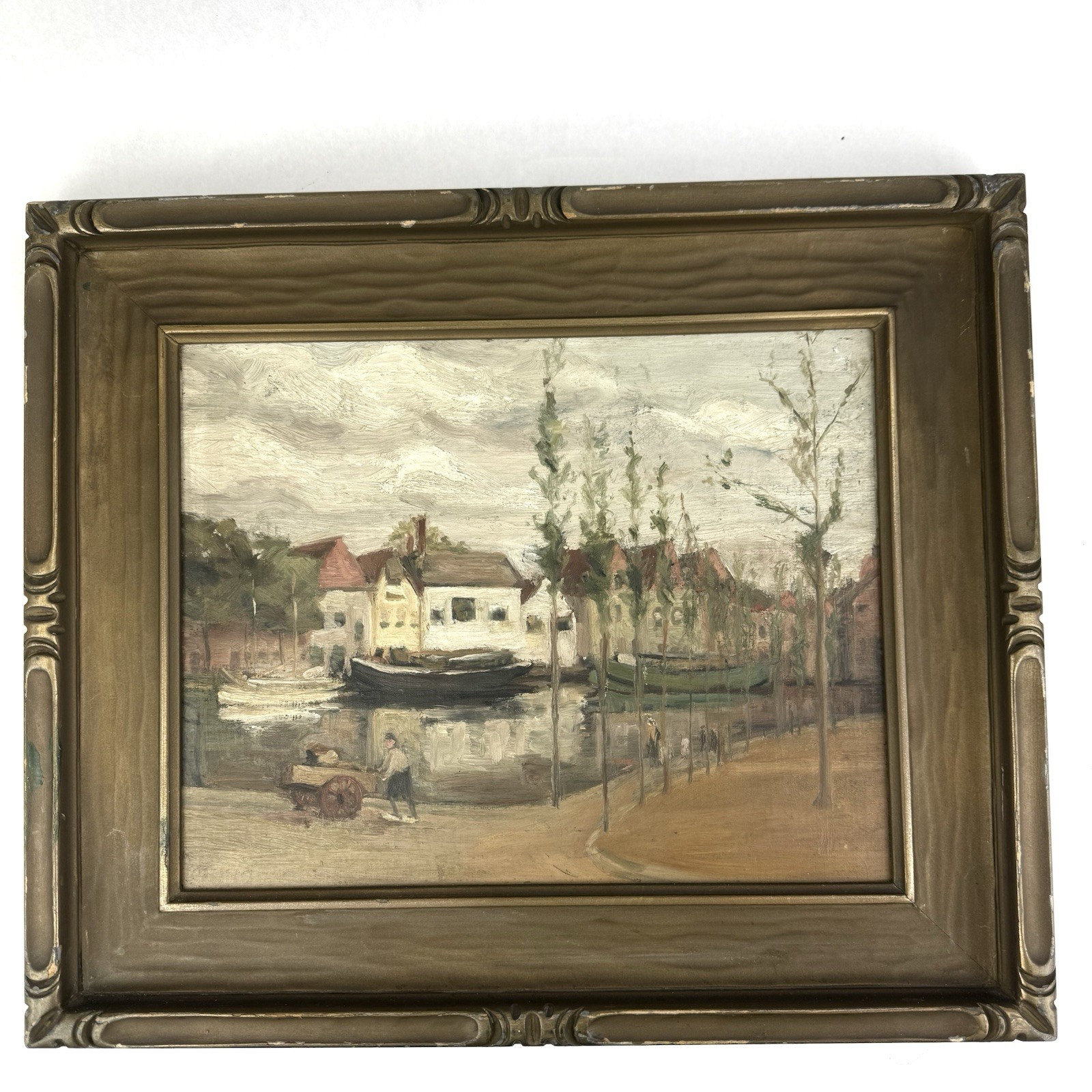 Antique Oil Painting Canal With Boats Man With Cart 19th Century Framed 20”x 17”