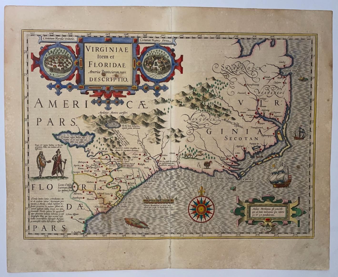 FLORIDA CAROLINA VIRGINIA 1623 GERARD MERCATOR/JODOCUS HONDIUS LARGE ANTIQUE MAP