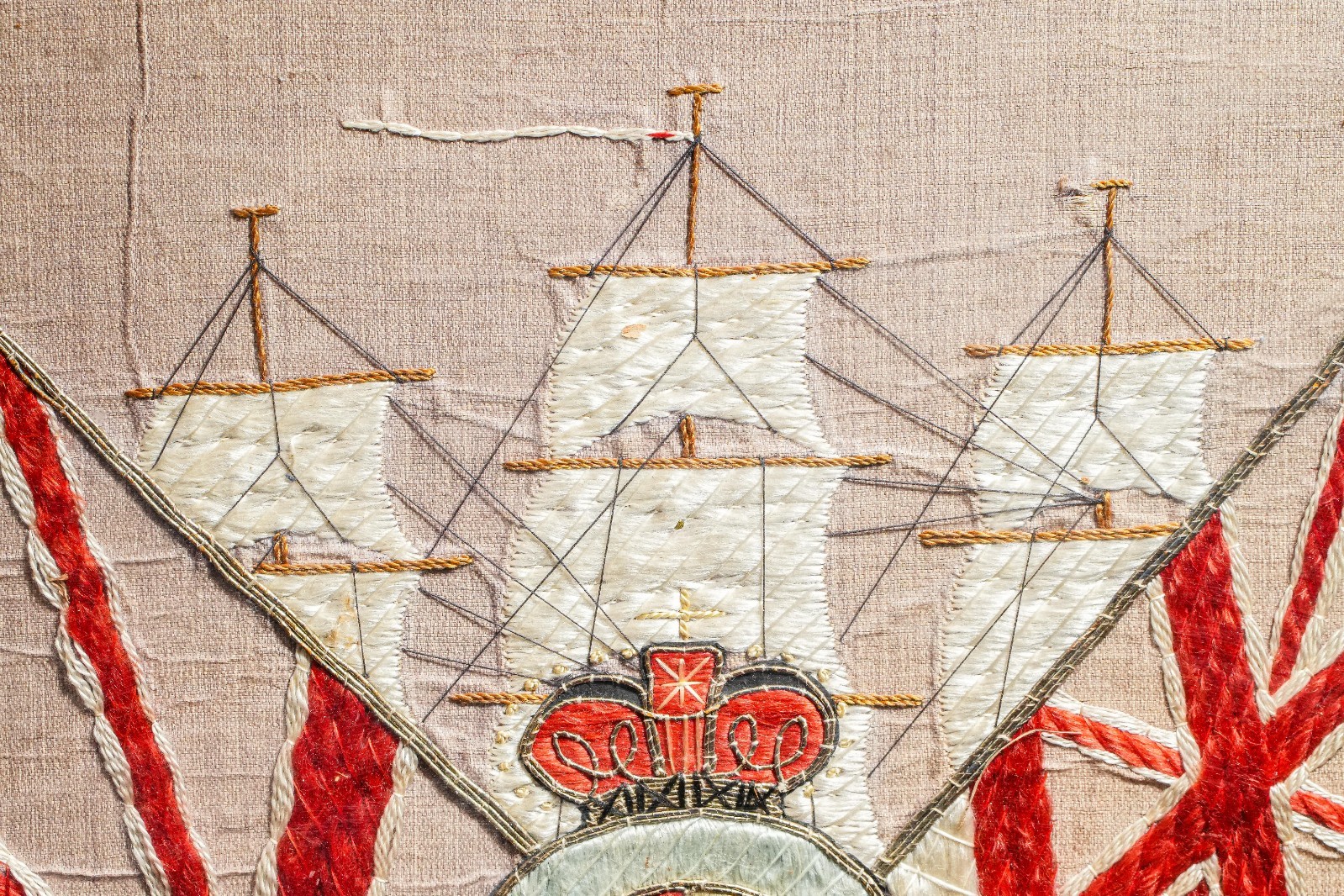 Fascinating England Antique Hand-Embroidered Royal Naval Crest Gilt Thread Silk