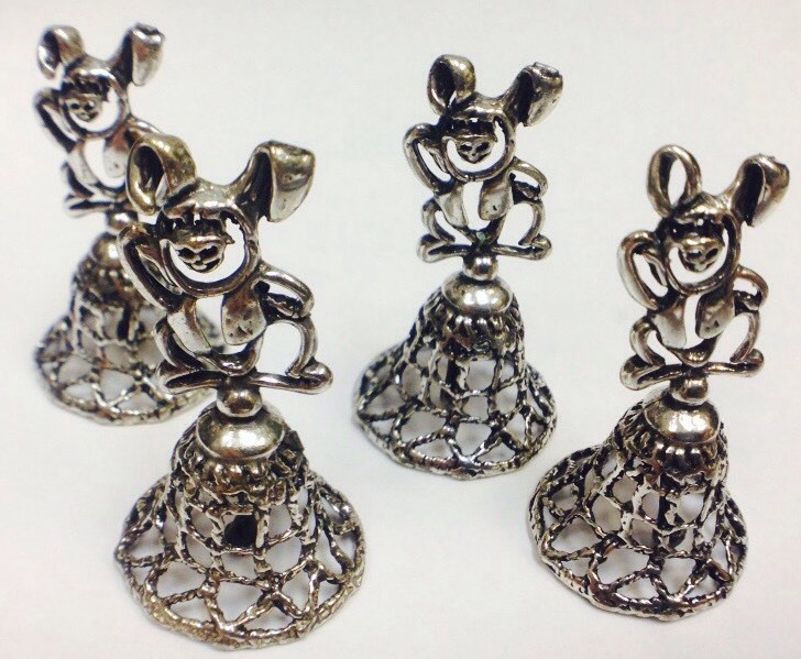 ANTIQUE EUROPEAN .800 SILVER BUNNY RABBIT BELLS ITALY SMALL SKULL *UNUSUAL*
