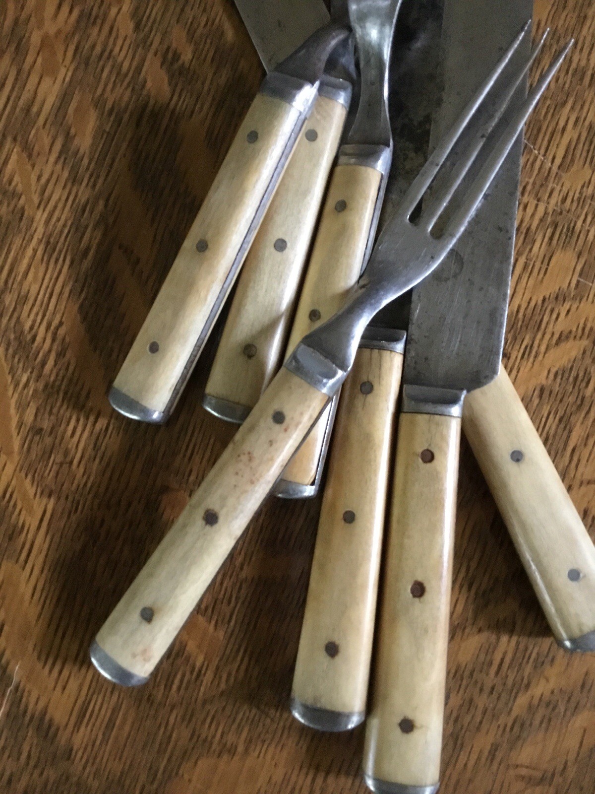 RARE Civil War Era Bovine Bone Flatware 3 Knives 4 (3 Tine) Forks Pewter Tines!!