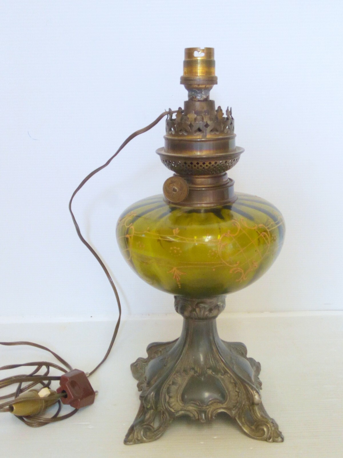 Oil Lamp Enamelled Glass Alloy Base Electrified