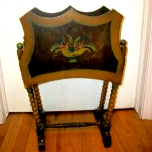 Cottagecore Art Deco Wood Magazine Rack Turned Spindles Stencil Flowers 1920s