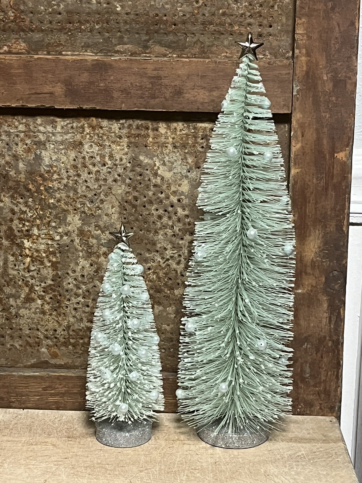 2 Aqua Marine Blue Green Bottle Brush Christmas Tree vintage faux Pearl 8& 14″